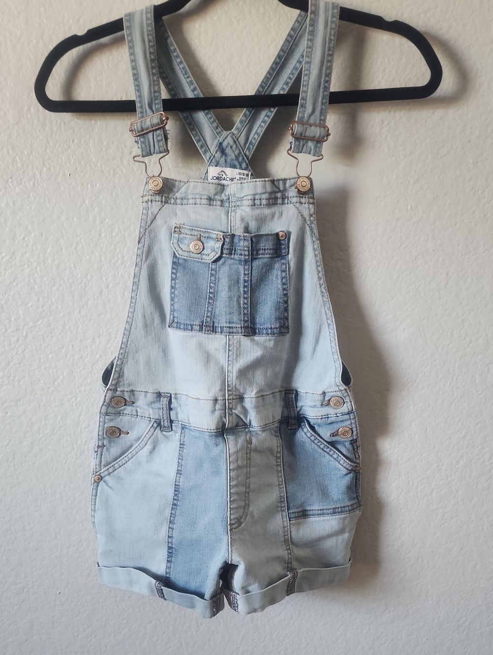 Jordache Light Blue Denim Short Overalls with Cross-Back Straps